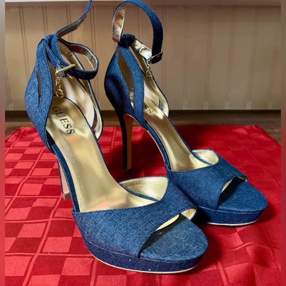 NWOB Guess GF Natalie Open Toe Navy Denim Stiletto Heels Size 9 - Picture 1 of 16